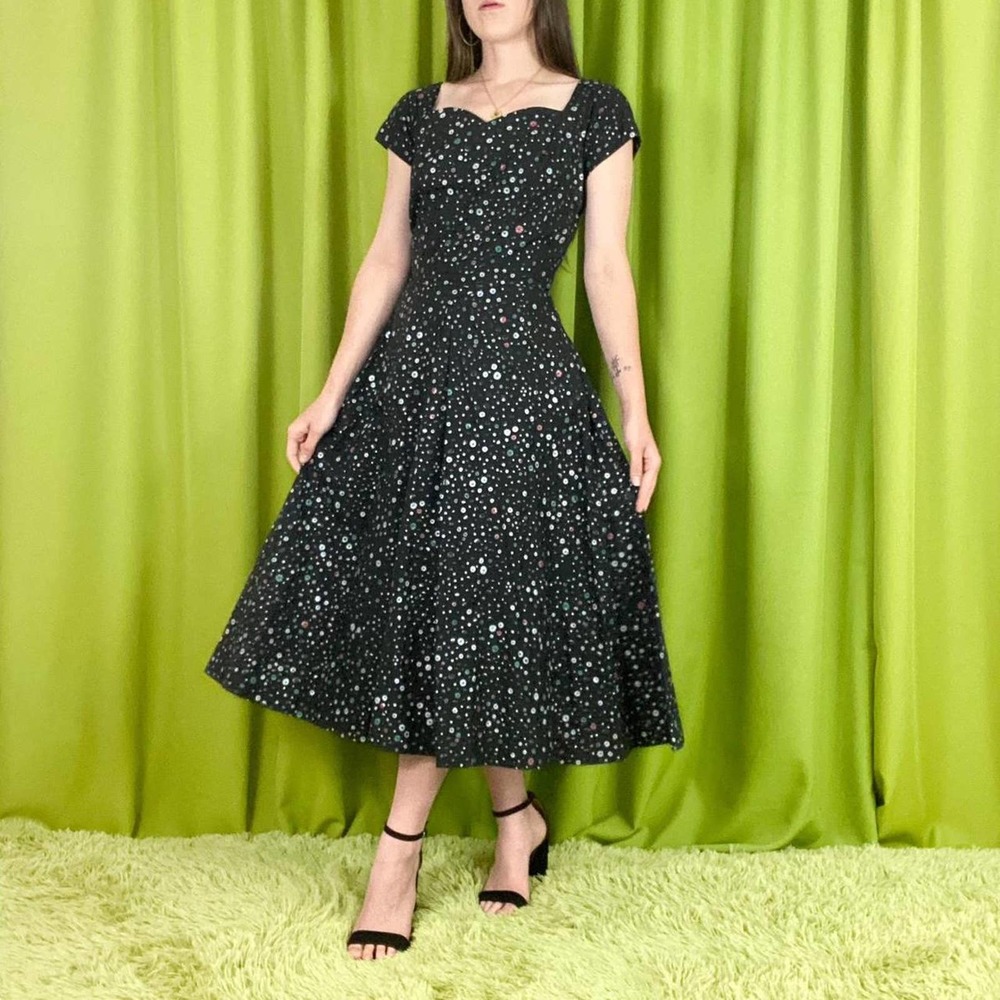 50s Vintage Black Pink and White Atomic Floral Print A Line Day Dress